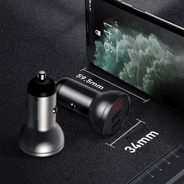 Baseus billader 2x USB 4.8A 24W LCD med grå (CCBX-0G)