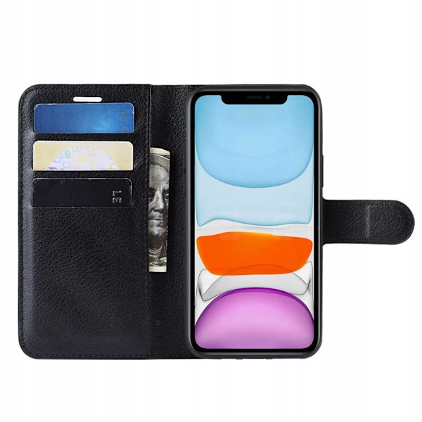 Litchi Case Cover Till Iphone 11 Svart Med Drappmåstånd