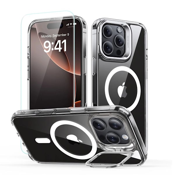 ESR CLASSIC HYBRID KICKSTAND HALOLOCK MAGSAFE ETUI SÆT MED STATIV + HÆRDET GLAS TIL IPHONE 16 PRO MAX - GENNEMSIGTIG