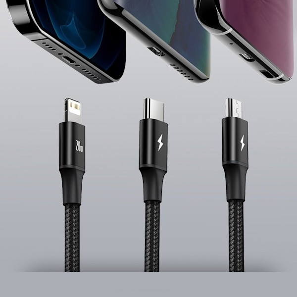 Baseus Rapid 3-i-1-kabel USB Type C - USB Type C / Lightning / micro USB 20 W 1,5 m grønn (CAMLT-SC06)
