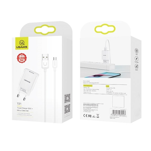 USAMS Lad. nätverk. 1xUSB T21 micro USB vit/vit 2.1A snabbladdning T21OCMC01