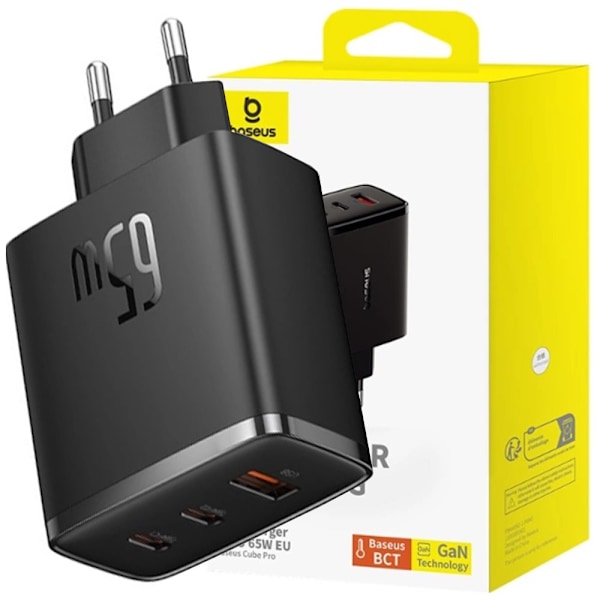 Baseus Cube Pro 65W GaN lader 2x USB-C USB-A - svart Svart