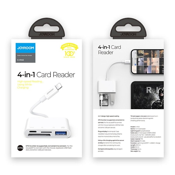Joyroom HUB multifunksjonell OTG Lightning Adapter - USB 3.2 Gen 1 (3.0, 3.1 Gen 1) / SD, TF-kortleser / Lightning White (S-H142 White)