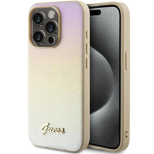 Guess Saffiano Iridescent Script-deksel til iPhone 15 Pro Max - Gull