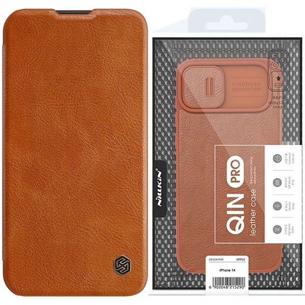 Nillkin Qin Leather Pro Case iPhone 14 Plus kameradeksel deksel deksel Flap case brun