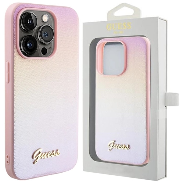 Guess Saffiano Iridescent Script-deksel til iPhone 15 Pro - Rosa