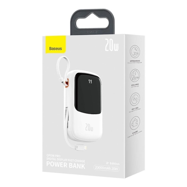 Baseus Qpow Digital Display strømbank med hurtiglading 20000mAh 20W QC/PD/SCP/FCP med innebygd Lightning-kabel hvit