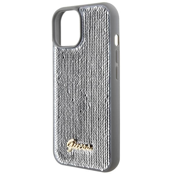 Guess Sequin Script Metalldeksel til iPhone 15 - sølv