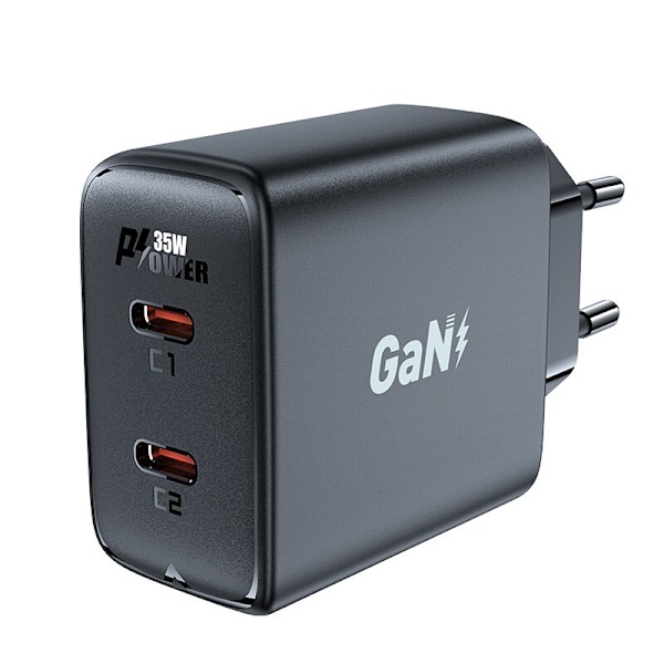 GaN 35W PD 2x USB C Acefast A49 hurtiglader - svart