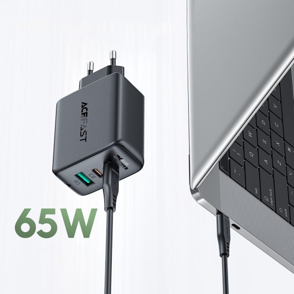 ACEFAST 2I 1 NETVÆRKSOPLADER 2X USB C / USB 65W, PD, QC 3.0+SORT KABEL