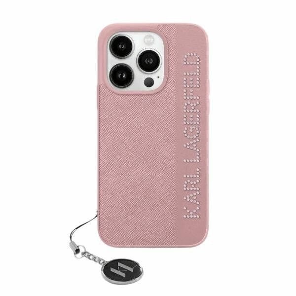 KARL LAGERFELD SAFFIANO RHINESTONES & CHARM COVER TIL IPHONE 15 PRO - PINK