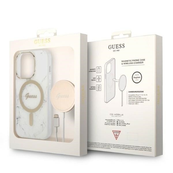 Guess sett MagSafe lader + deksel til iPhone 14 Pro 6.1 hvit marmor (GUBPP14LHMEACSH)