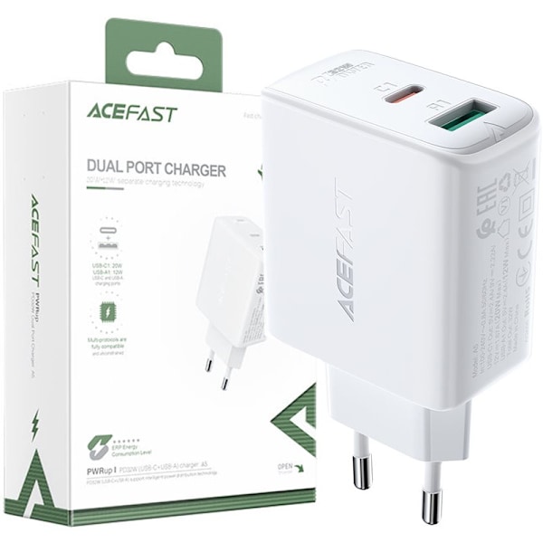 ACEFAST HURTIG NETVÆRKSOPLADER USBC/USB 32W PPS PD QC 3.0 AFC FCP HVID