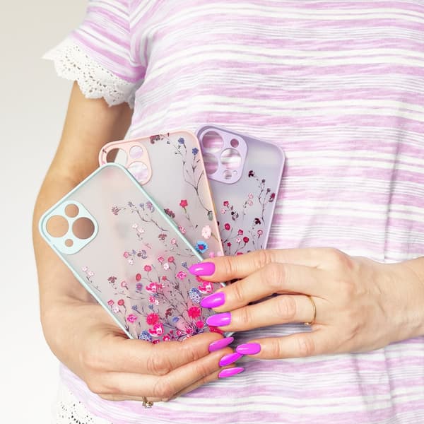 Designetui til iPhone 13 Pro, lilla blomsterskall