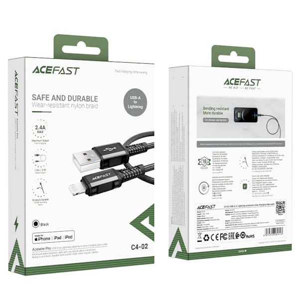 ACEFAST KABEL LANG STÆRK MFI USB - LYN 1,8M, 2,4A SORT