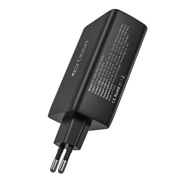 TECH-PROTECT NC100W-GAN 4-PORTS NETVÆRKSOPLADER PD100W/QC3.0 SORT