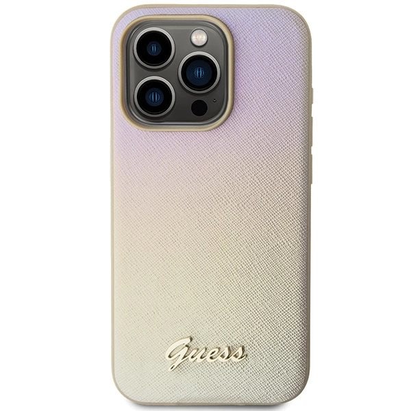 Guess Saffiano Iridescent Script-deksel til iPhone 14 Pro - Gull