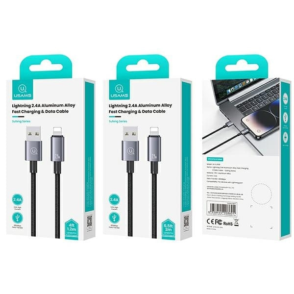 USAMS USB till Lightning-kabel 2,4A 2m Snabbladdning stål/lack SJ669USB01 (US-SJ669)