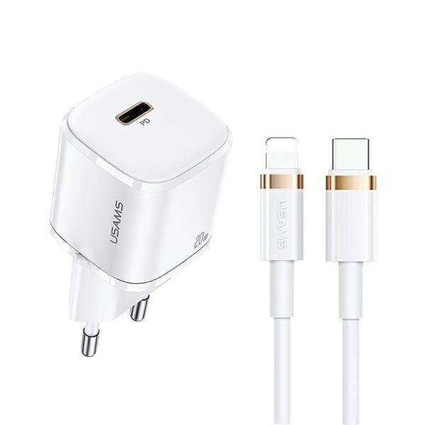 USAMS Lad. nätverk. 1xUSB-C T36 mini 20W + USB-C-Lightning-kabel vit/vit PD3.0 Snabbladdning XFKXLOGTL02 (US-CC124+US-SJ484)