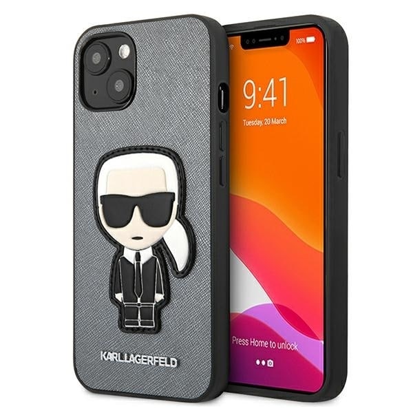 Karl Lagerfeld KLHCP13SOKPGiPhone 13 mini 5.4 sølv/sølv hardt etui Saffiano Ikonik Karl`s Patch