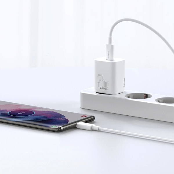 Baseus Si USB-C 25W 3A hurtiglader USB-C / USB-C med 1m kabel - hvit