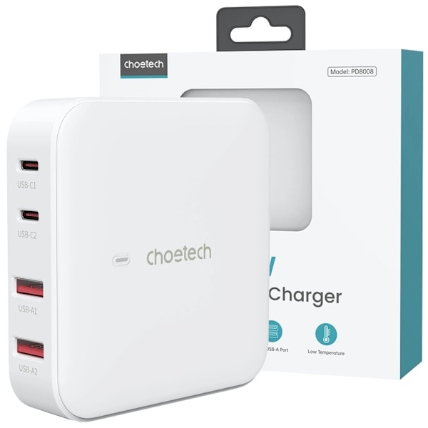 CHOETECH HURTIG NETVÆRKSLADER GAN 100W 2X USB-A / 2X USB-C HVID