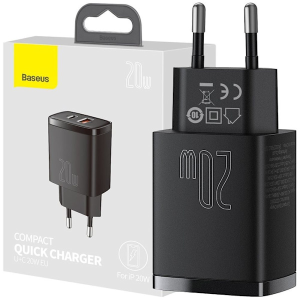 Baseus Kompakt rask USB / USB Type C-lader 20W 3A Power Delivery Quick Charge 3.0 svart (CCXJ-B01) Svart