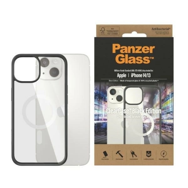 PANZERGLASS CLEARCASE ETUI MED MAGSAFE ANTIBAKTERIEL TIL IPHONE 14/15/13 - GENNEMSIGTIG OG SORT