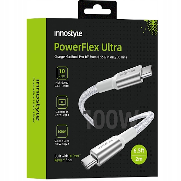 INNOSTYLE POWERFLEX ULTRA-KABEL USB-C SNABBLADDNING THUNDERBOLT 10GBPS 100W KEVLAR 2M SILVER
