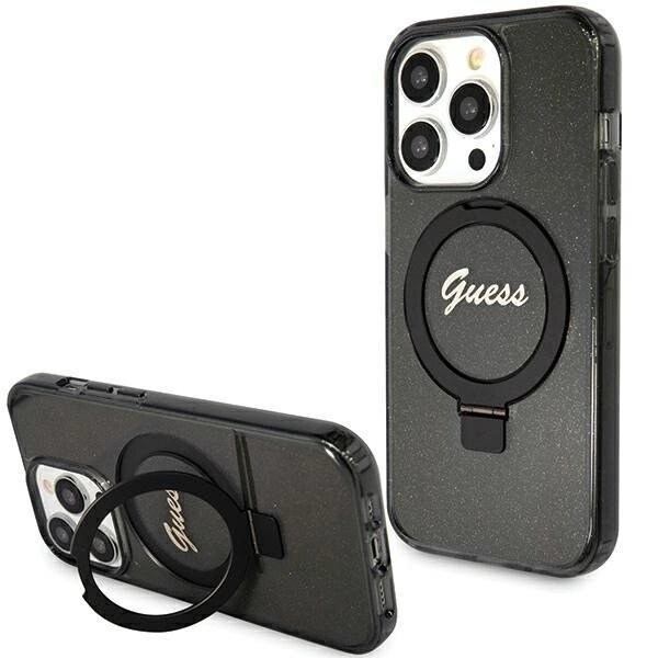 Guess Ring Stand Script Glitter MagSafe deksel til iPhone 15 Pro - svart