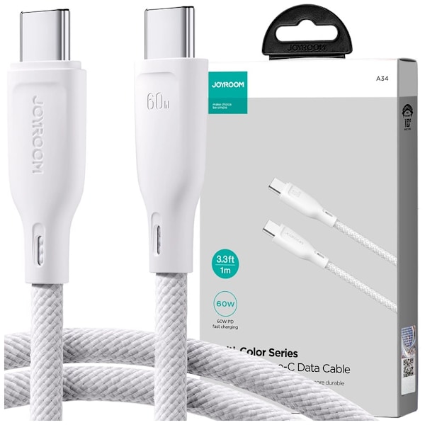 Joyroom Multi-Color Series SA34-CC3 USB-C / USB-C-kabel 60W rask overføring 1m - hvit