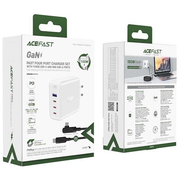 Acefast rask GaN-lader 3xUSB-C/1xUSB-A 100W hvit + vinkel USB-C - USB-C 100W kabel 2m hvit