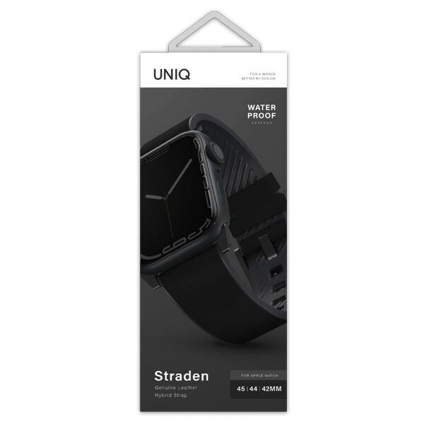 UNIQ armbånd Strade Apple Watch Series 4/5/6/7/8/SE/SE2/Ultra 42/44/45mm. Skinn hybridrem svart/svart