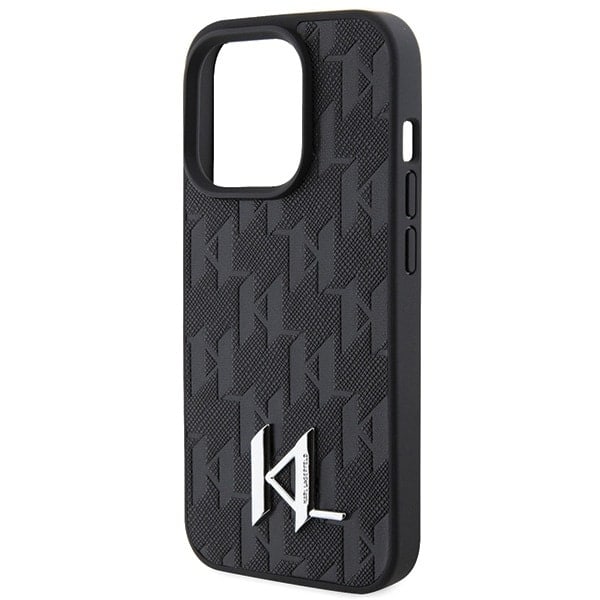 Karl Lagerfeld Leather Monogram Hot Stamp Metal Logo Deksel til iPhone 15 Pro Max - Svart