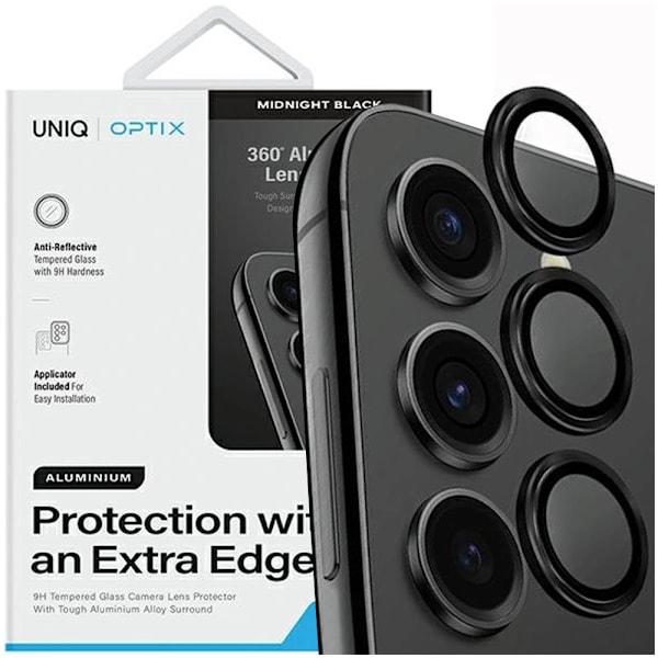 UNIQ Optix Aluminium kameralinsebeskytter for Samsung Galaxy S24 kameralinse med applikator - svart