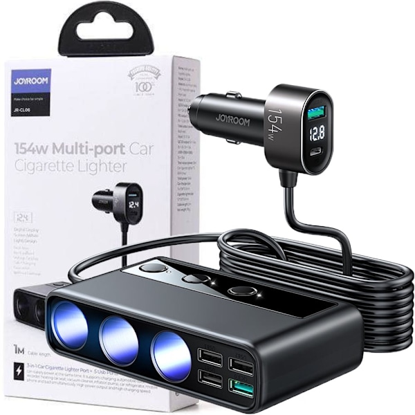 Joyroom 9in1 billader for bærbar PC 154W - 5x USB / 1x USB Type C / 3x sigarettennertilkobling Strømforsyning / Hurtiglading / PPS