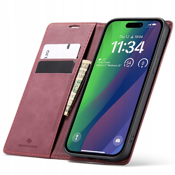 Rymdfodral Plånbok För Iphone 15 Plus Läder Rött