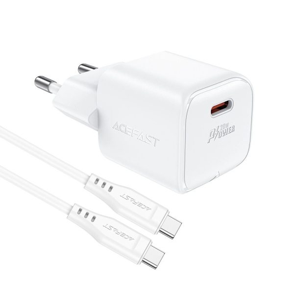 Acefast A73 Mini PD 20W GaN vegglader + USB-C kabel - hvit