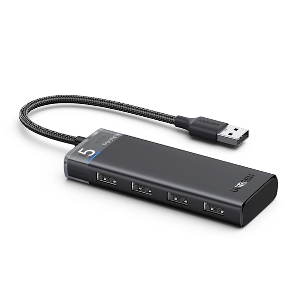 UGRØN MULTIFUNKTIONEL HUB MED 4 USB-PORTE OG USB STRØMKABEL SORT
