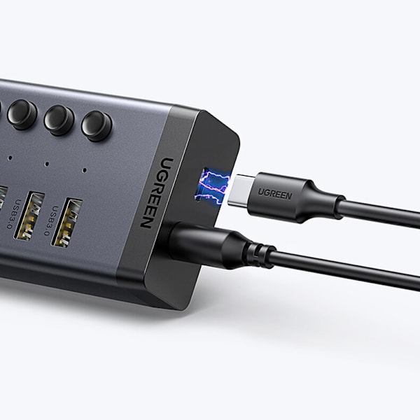 Ugrønn multifunksjonell HUB 7in1 USB Type C - 7x USB Type A 3.0 PD DC 12V grå (CM481)