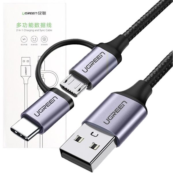 Ugrønn kabel 2-i-1 USB - mikro-USB / USB Type C 1m 2.4A svart (30875)