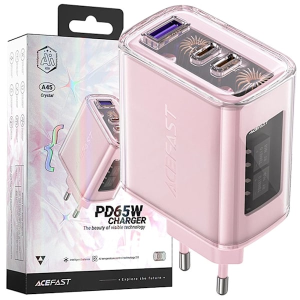 ACEFAST FAST NETVÆRKSLADER GAN 65W 3 PORTE (1XUSB, 2XUSB C) PINK