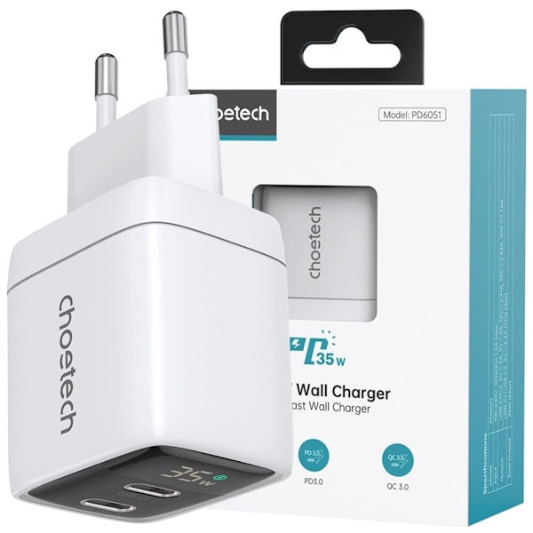CHOETECH HURTIG NETVÆRKSLADER 2X USB-C PD 35W MED DISPLAY HVID