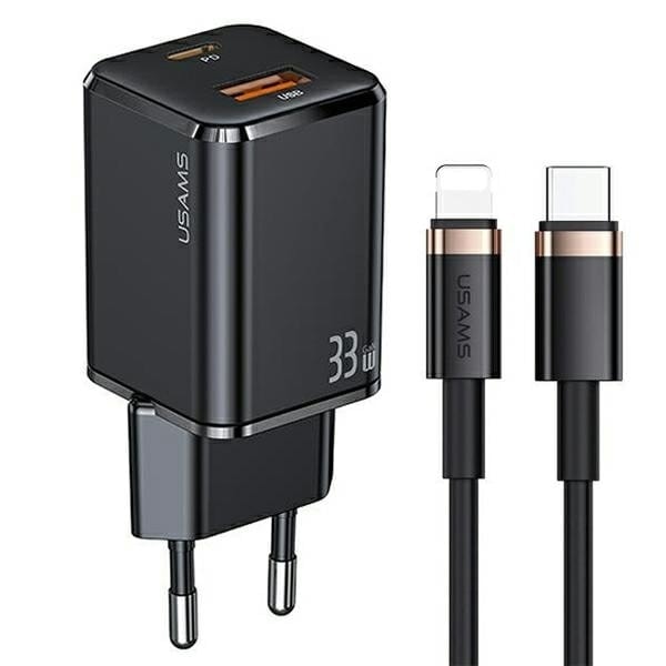 USAMS Lad. nätverk. 1xUSB-C+1xUSB T43 33W PD3.0 +QC3.0 + U63 USB-C till blixtkabel svart/svart USKTZ01