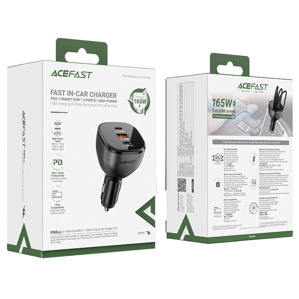 ACEFAST B14 BILOPLADER 165W 2X USB-C 1X USB-A - SORT
