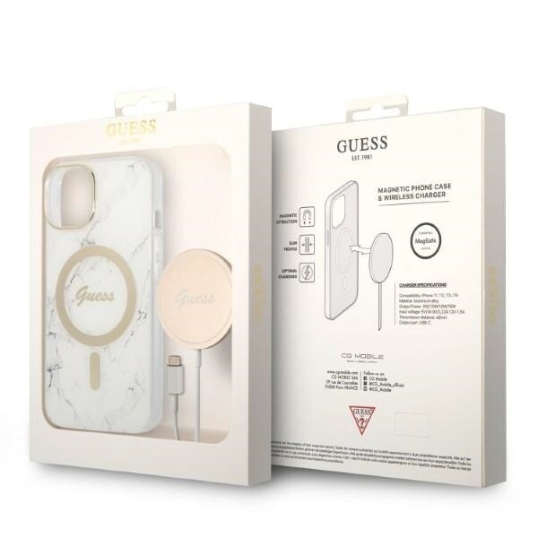 Guess sett MagSafe lader + etui for iPhone 14 Plus 6.7 hvit marmortelefon (GUBPP14MHMEACSH)