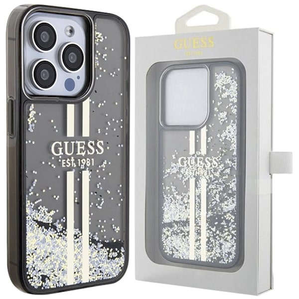 Guess Liquid Glitter Gold Stripes-deksel til iPhone 15 Pro - Svart
