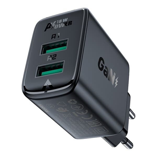 ACEFAST HURTIG NETVÆRKSLADER 2XUSB 18W QC 3.0 AFC FCP SORT
