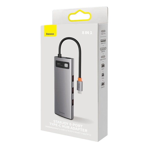 BASEUS HUB 8IN1 USB-C TIL USB-C PD / 3X USB-A / HDMI / RJ-45 / SD TF GRÅ