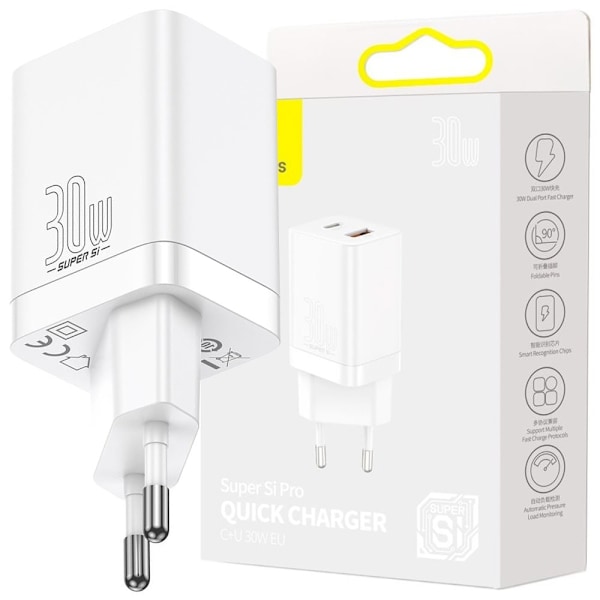 Baseus Super Si Pro rask USB / USB Type C-lader 30 W Strømforsyning Hurtiglading hvit (CCSUPP-E02)